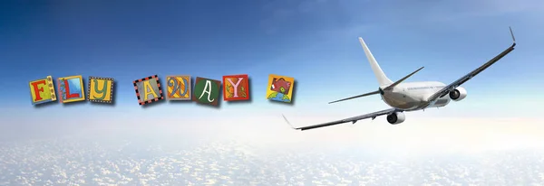 Word design for fly away with airplane flying in the sky