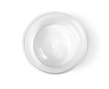 Beyaz arkaplanda kırpma yolu ile izole edilmiş boş plastik kavanozun üst görünümü