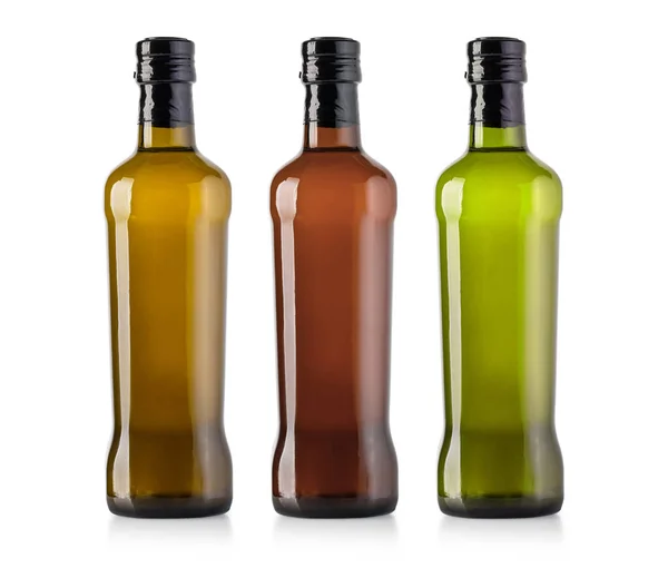 Олія Оливкові Пляшки Ізольовані Білому Відсічним Контуром — стокове фото