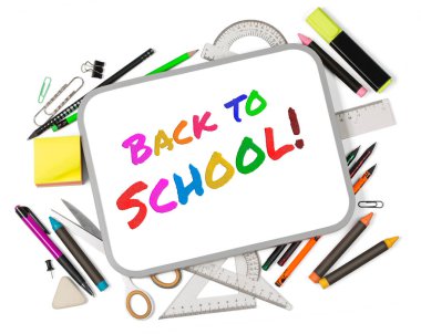 Grup nesneleriyle çalışma masası, okula dönüş.