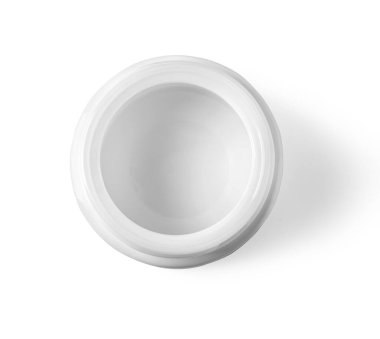 Beyaz arkaplanda kırpma yolu olan beyaz kavanozun üst görünümü