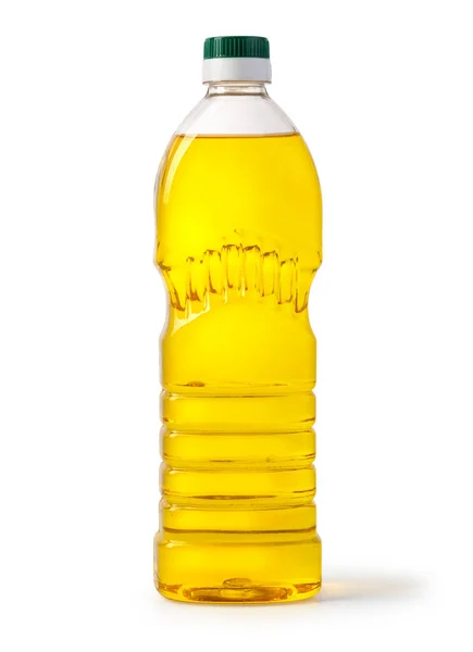 Olej Roślinny Lub Słonecznikowy Butelce Tworzywa Sztucznego Izolowany Ścieżką Wycinania — Zdjęcie stockowe