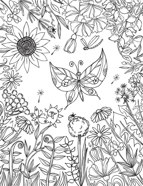 Vlinder Tegen Hemel Omringd Door Bloemen Zentangle Gestileerde Vlinder Hand — Stockvector