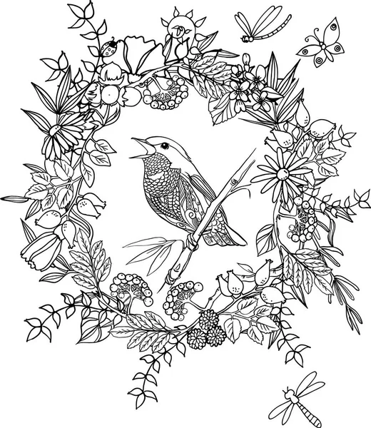 Çiçeklerle Çevrili Gökyüzü Karşı Kuş Zentangle Kelebek Stilize Elle Çizilmiş — Stok Vektör