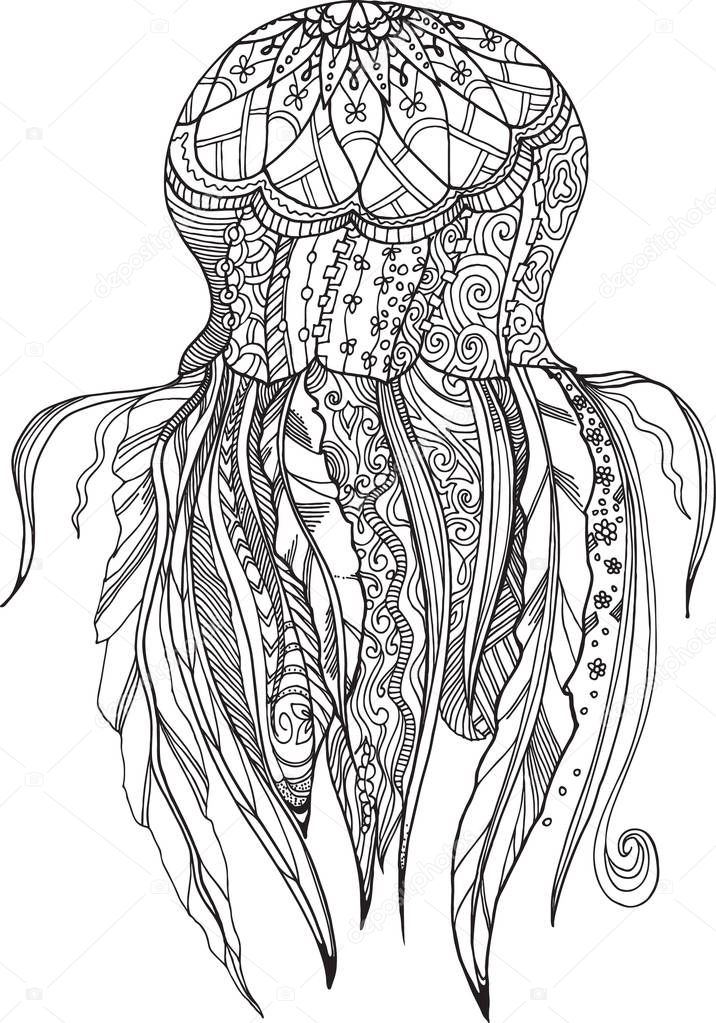 Stylized jellyfish. Zentangle stylized butterfly. Hand drawn doodle, zentangle, floral design elements.