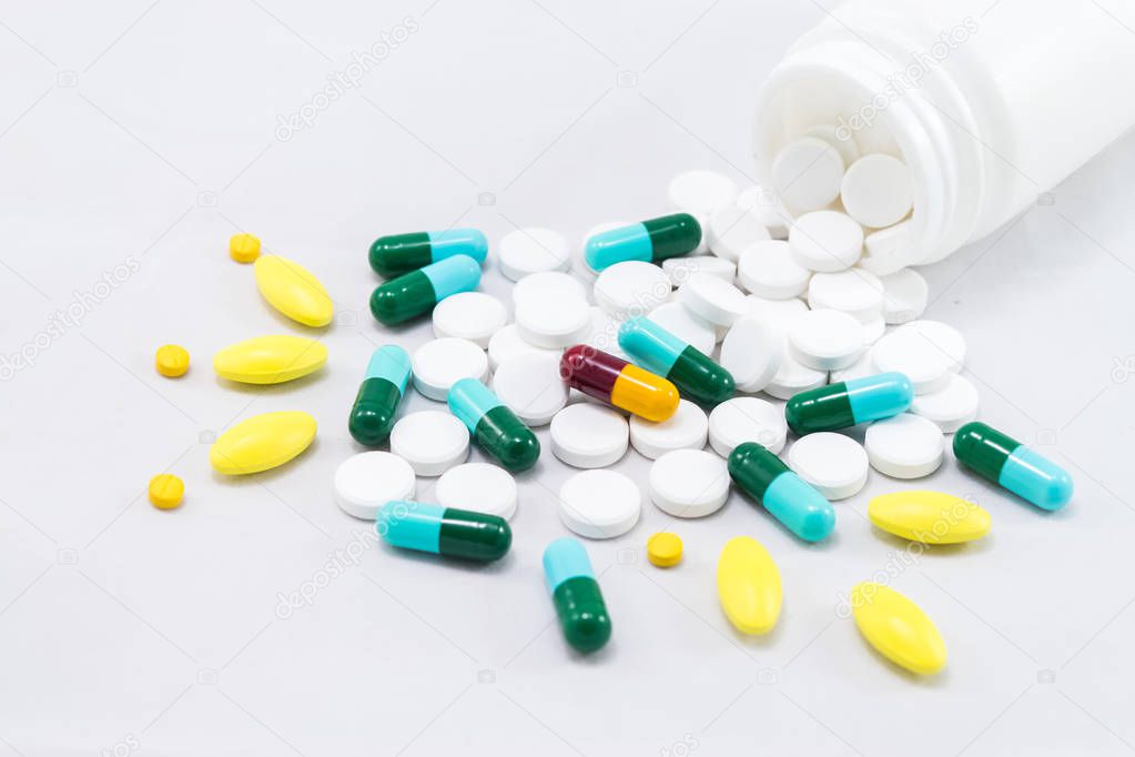 Medicines. Pills and capsules on white background