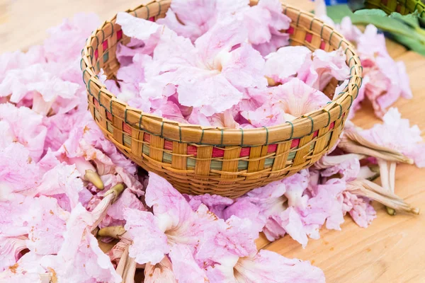 Pembe trompet çiçekler veya pembe pembe trompet tecoma çiçek ahşap sepeti