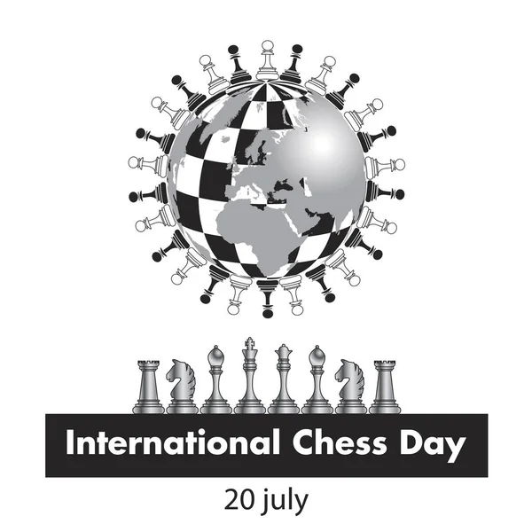 O dia internacional de xadrez celebra-se anualmente no dia 20 de julho, as partes de xadrez localizam-se no globo estilizado abaixo de um tabuleiro de xadrez —  Vetores de Stock