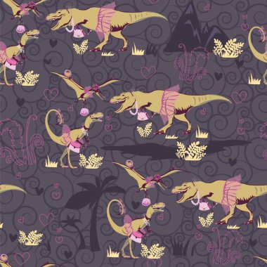The original seamless pattern with dinosaur princesses clipart