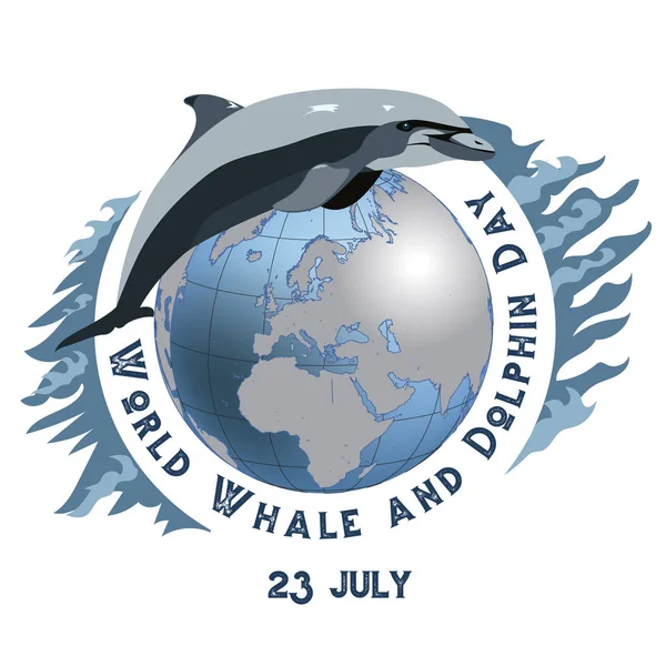 Día Mundial de las Ballenas y los Delfines. 23 de julio. Concepto de vacaciones ecológicas. Delfín y Ballena. Calendario. Vacaciones en todo el mundo. Evento de cada día . — Vector de stock