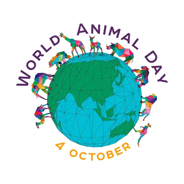 Ilustração vetorial para o Dia Mundial dos Animais em 4 de outubro. Animais poligonais no globo. Um elefante, um rinoceronte, um camelo, uma girafa, um canguru, um cordeiro, um gorila, um urso . —  Vetores de Stock