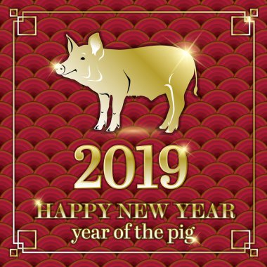 2019 Çin yeni yılı. Yıl domuz. Vektör çizim. Yeni yıl. Kırmızı altın. Çeviri: domuz