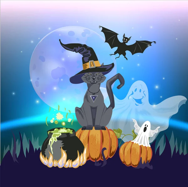 Cartoon cute cat character in a witch s hat with a skull capkake and a Halloween witch s boiler.Ghosts, bat and moon. - Stok Vektor