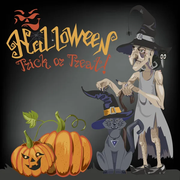 A Halloween boszorkány kalap macska ül szemben a telihold éjjel. Közelében a seprűt, sütőtök, édesség és a levelek, a illékony vámpírok és a csillagok. Az őszi ünnepek. Vektor, lapos stílusú. — Stock Vector