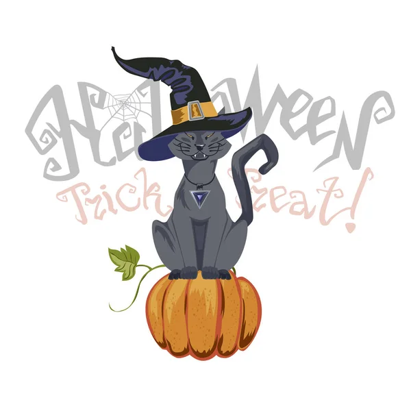 Halloween illustratie met zwarte kat op maan achtergrond. — Stockvector