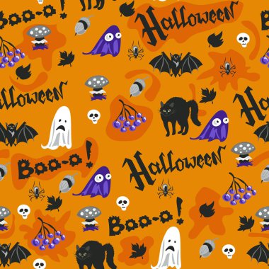 Hayalet, kafatası, balkabağı ve kara kediyle kusursuz bir Cadılar Bayramı tasarımı.