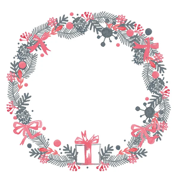 Φανταχτερό Χριστουγεννιάτικο στεφάνι με διακοσμητικές μπάλες, κλαδιά δέντρων πεύκων και κώνοι. ακουαρέλα χέρι συρμένη απεικόνιση — Φωτογραφία Αρχείου