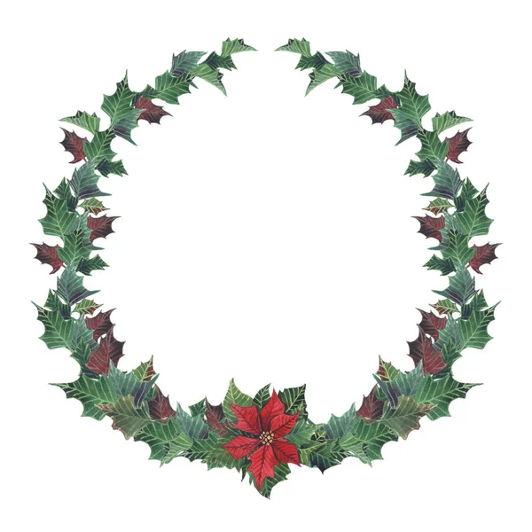 Aquarel bloemen kroon van Kerstmis met poinsettia. Hand geschilderd Sneeuwbes en Spar takken, rode bessen met bladeren, dennenappel geïsoleerd op een witte achtergrond. Kerstmis illustratie voor ontwerp — Stockfoto