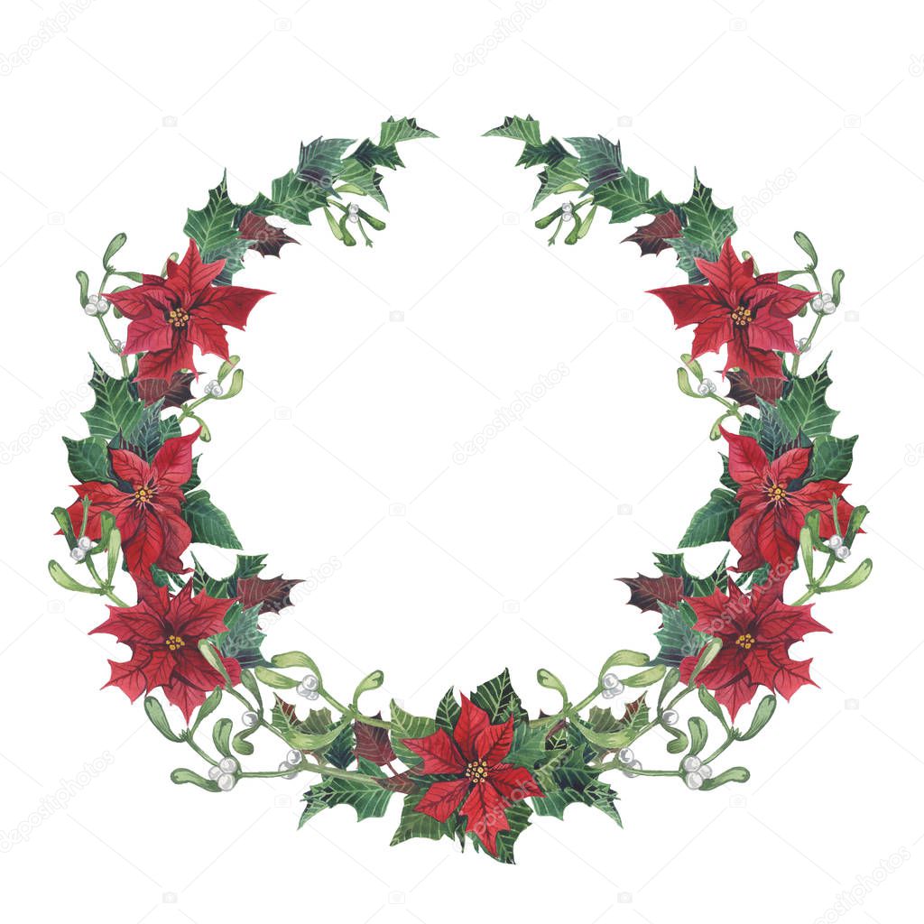 Watercolor christmas wreath with holly, mistletoe and poinsettia. Hand painted christmas floral border isolated on white background. Botanical illustration for design