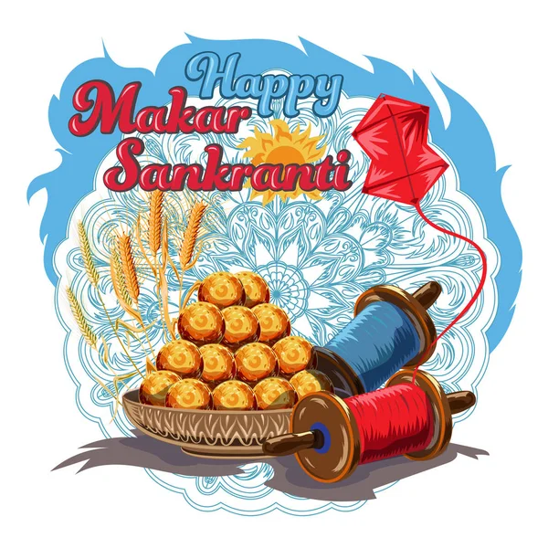 Illustration Happy Makar Sankranti Wallpaper Colorful Kite String Festival India — ストックベクタ