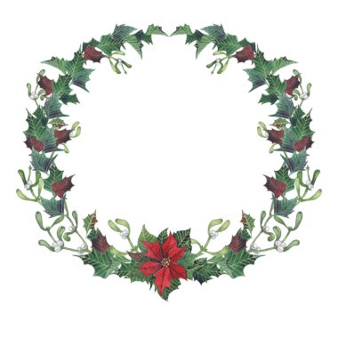 Noel ve yeni yıl koleksiyonu. Yaprakları, ökse otu dalları, çam ağacı, Yılbaşı çiçeği ile parlak çelenk. Handpainted suluboya resim, Noel davetler için mükemmel. Noel Gösterim amacıyla tasarım, yazdırma