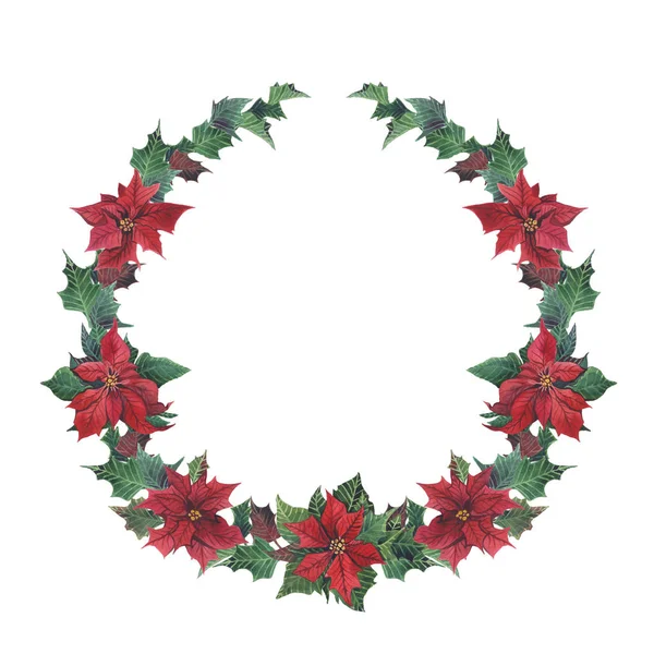 无缝的水彩冬季花环 有一品红和树枝 打印的圣诞插图 — 图库照片