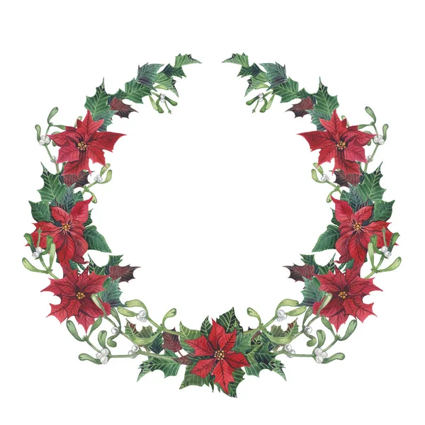 Aquarell Weihnachtskranz Mit Stechpalme Mistel Und Weihnachtsstern Handbemalter Weihnachtlicher Blumenrand — Stockfoto