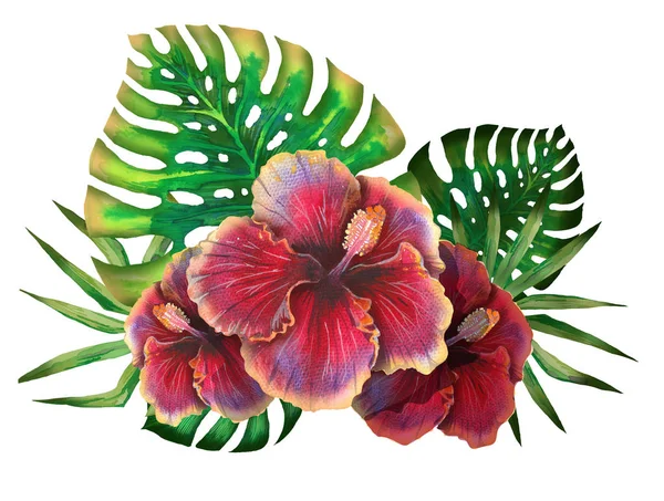 Disegno tropicale estivo ad acquerello per banner o volantino con foglie di palma esotiche, fiori di ibisco — Foto Stock
