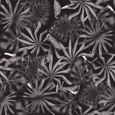 Siyah renk suluboya sorunsuz tropik çiçekler. Tropik bitkilerin, Dikişsiz siyah-beyaz desen suluboya yaprakları.