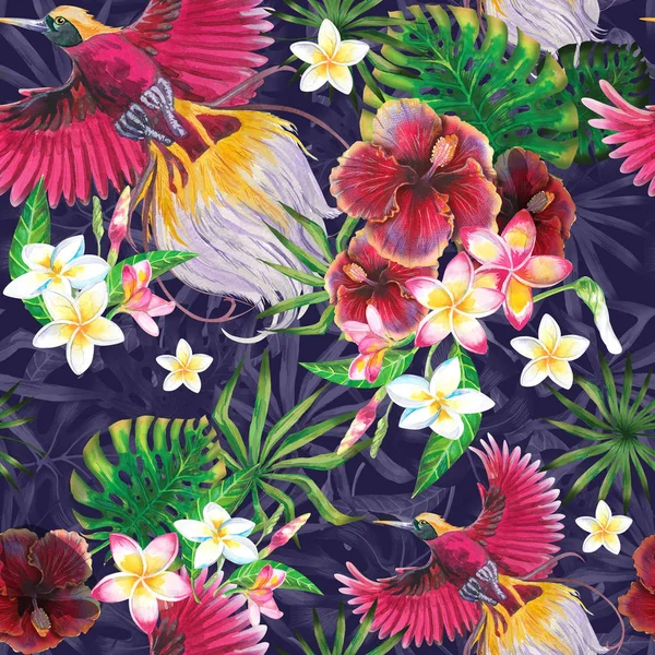 Estampado exótico de verano con flamenco y hojas tropicales. Ilustración aislada sobre fondo blanco. Estilo acuarela —  Fotos de Stock