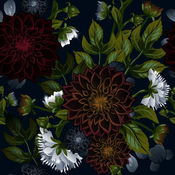 Modern trendy seamless floral pattern of burgundy dahlias and white peonies. — Stock Vector