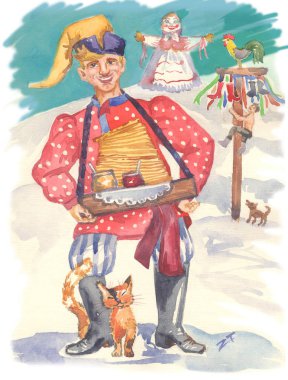 Geleneksel Rus Shrovetide. El boyalı suluboya resim: soytarı, kış, Rus kadın, krep, tatlım, kedi, köpek, hayvan doldurulmuş reçel.