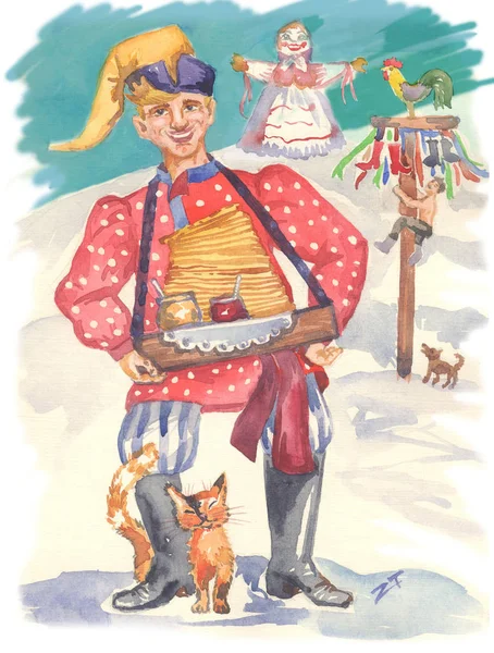 Tradicional russo Shrovetide. Imagem aquarela pintada à mão: buffoon, bicho de pelúcia do inverno, mulher russa, panquecas, mel, gato, cachorro, geléia — Fotografia de Stock