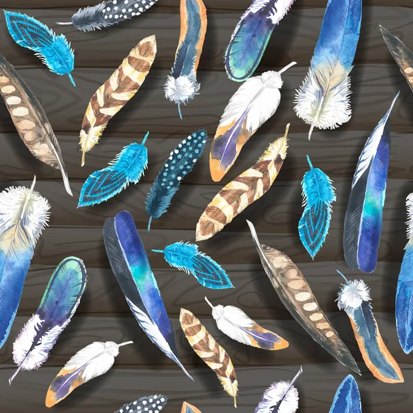 Acuarela plumas de aves patrón vintage sin costuras en el fondo de las tablas de madera. Textura acuarela. Diseño de alfombra de tela . — Foto de Stock