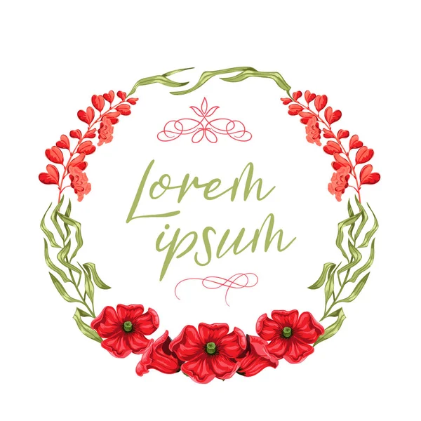 Grinalda aquarela circular com papoulas brilhantes, flores de linho vermelho e folhas verdes no fundo branco. convite de casamento floral e cartão de saudação . — Vetor de Stock