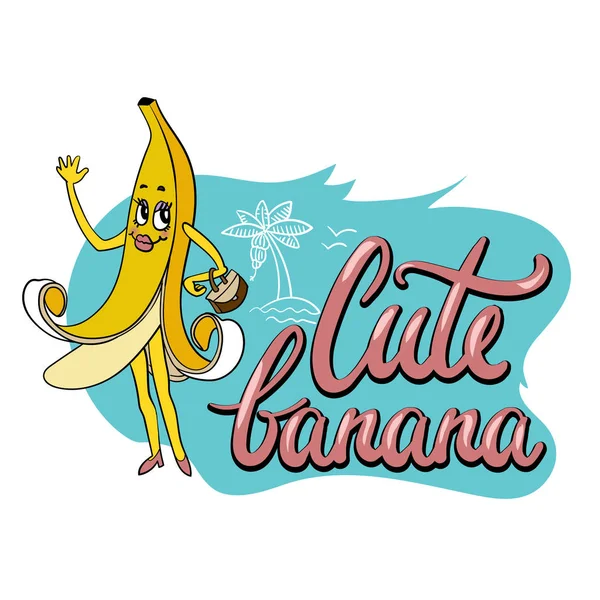 바나나와 손으로 쓴 노트의 재미있는 만화 캐릭터와 섬유 귀여운 특이한 손으로 그린 인쇄 — 스톡 벡터