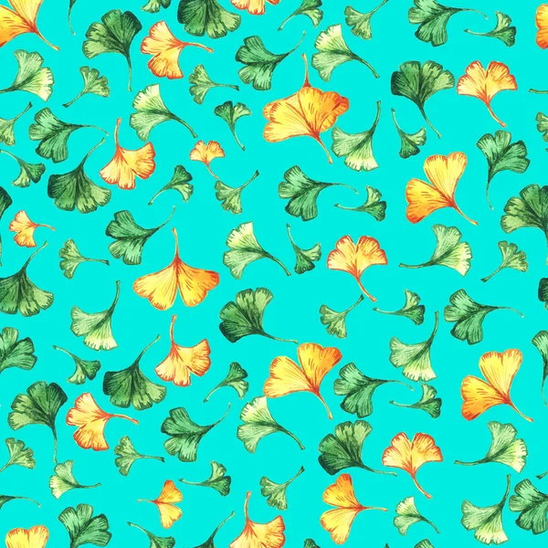 Гинкго билоба листья цветочный акварель бесшовный узор на бирюзовом фоне. Дерево, известное как гинко или гингко . — стоковое фото