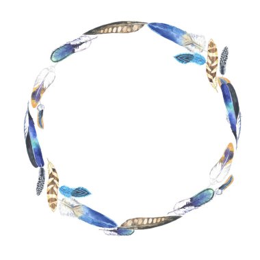 Suluboya renkli tüyler çerçeve. El çizilmiş boho baskı.