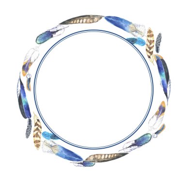 Suluboya renkli tüyler yuvarlak çerçeve. Düğün kartı, davetiye, poster, sarma, duvar kağıdı, kumaş için el çizilmiş boho baskı