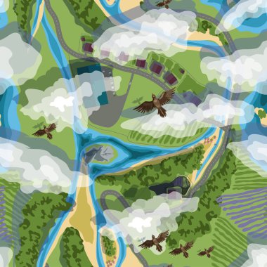 vektör illüstrasyon ağaçlar, köy, tarlalar, plaj ve kahverengi renklerde kuşlar dan dikişsiz arka plan