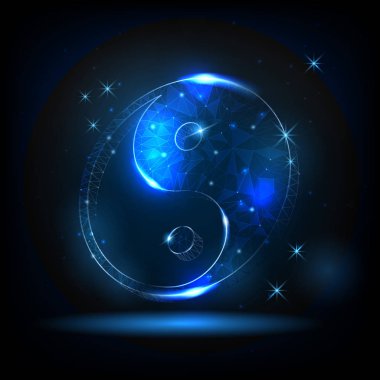 Yıldız ve gece gökyüzü bir arka plan üzerinde parlayan yin yang sembolü