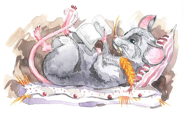 Rato cinza pouco senta-se em uma pilha de livros, ilustração, aquarela. Watercolor ilustração para calendário 2020, cartões e cartazes. Mês de Fevereiro . — Fotografia de Stock