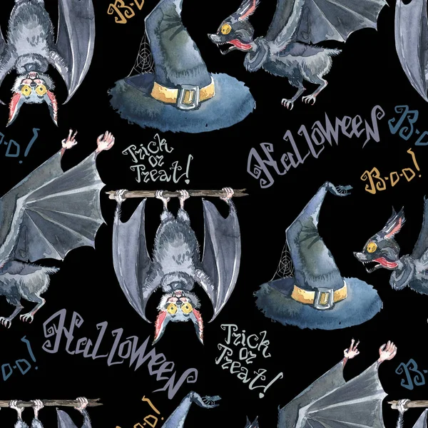 Halloween, zökkenőmentes mintázat a Halloween denevér, betűkkel és a boszorkány kalap. Aranyos naiv akvarell — Stock Fotó