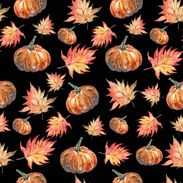 Naadloze aquarel Halloween patroon van herfst Maple bladeren en pompoenen op zwarte achtergrond — Stockfoto