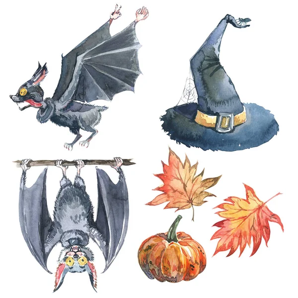 Set acuarela Halloween: hoja de arce, murciélago, calabaza, sombrero de bruja y letras de halloween. Aislado sobre blanco . — Foto de Stock