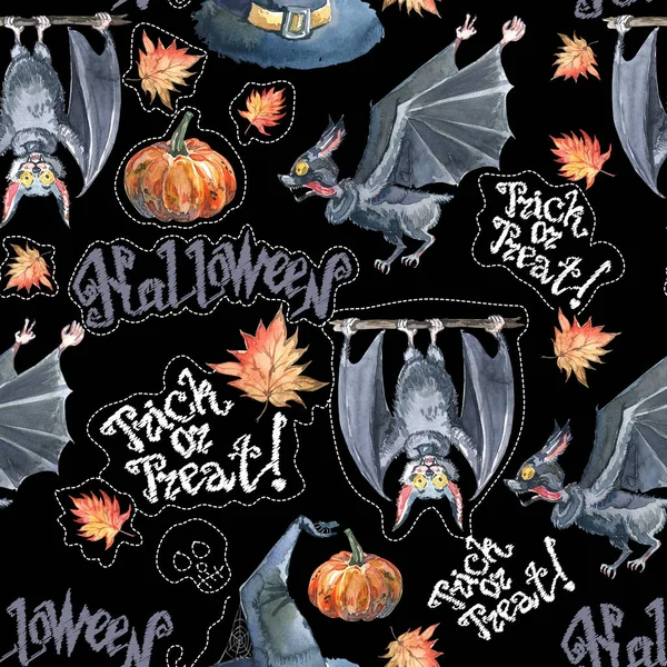 Halloween sem costura padrão com abóbora e morcego halloween. Aguarela ingênua bonito — Fotografia de Stock