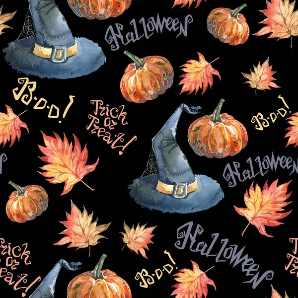 Modello senza cuciture di Halloween con zucca di Halloween, foglie d'acero autunnali, scritte e cappello da strega. Acquerello carino ingenuo — Foto Stock