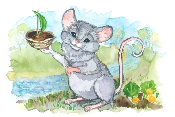 Illustration aquarelle pour le calendrier 2020, cartes et affiches. Mois d'avril. La souris lance un bateau dans le ruisseau . — Photo