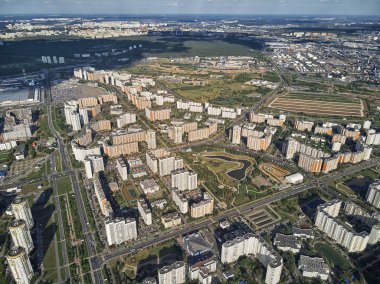Moskova, Rusya, Moskova Nehri, dron havadan görünümden sol kıyısında 850 yıldönümü Park