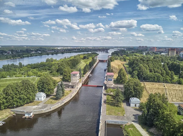 Sluice Chanel Moscou Volga Vista Aérea Drone — Fotografia de Stock